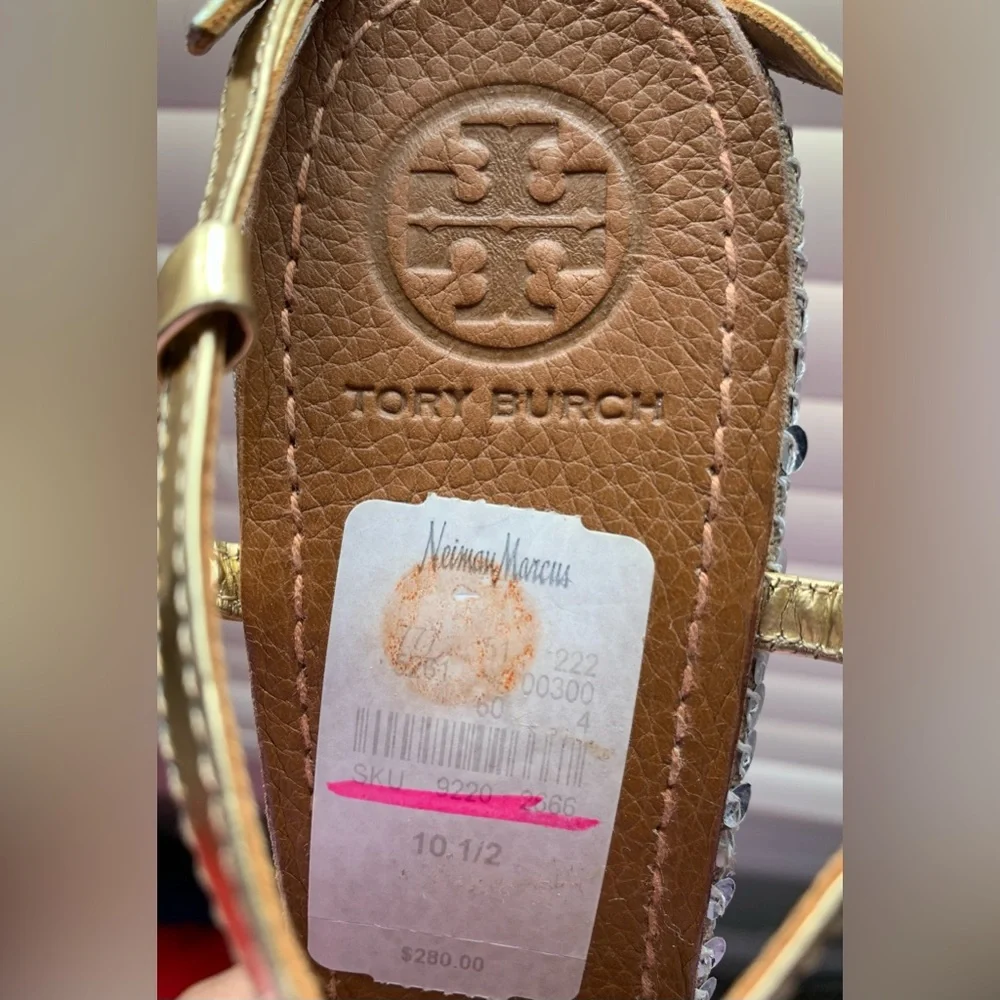 Tory Burch Gold Metallic Wedges Leather Platform Sequin Embellished Sandals - Picture 6 of 6